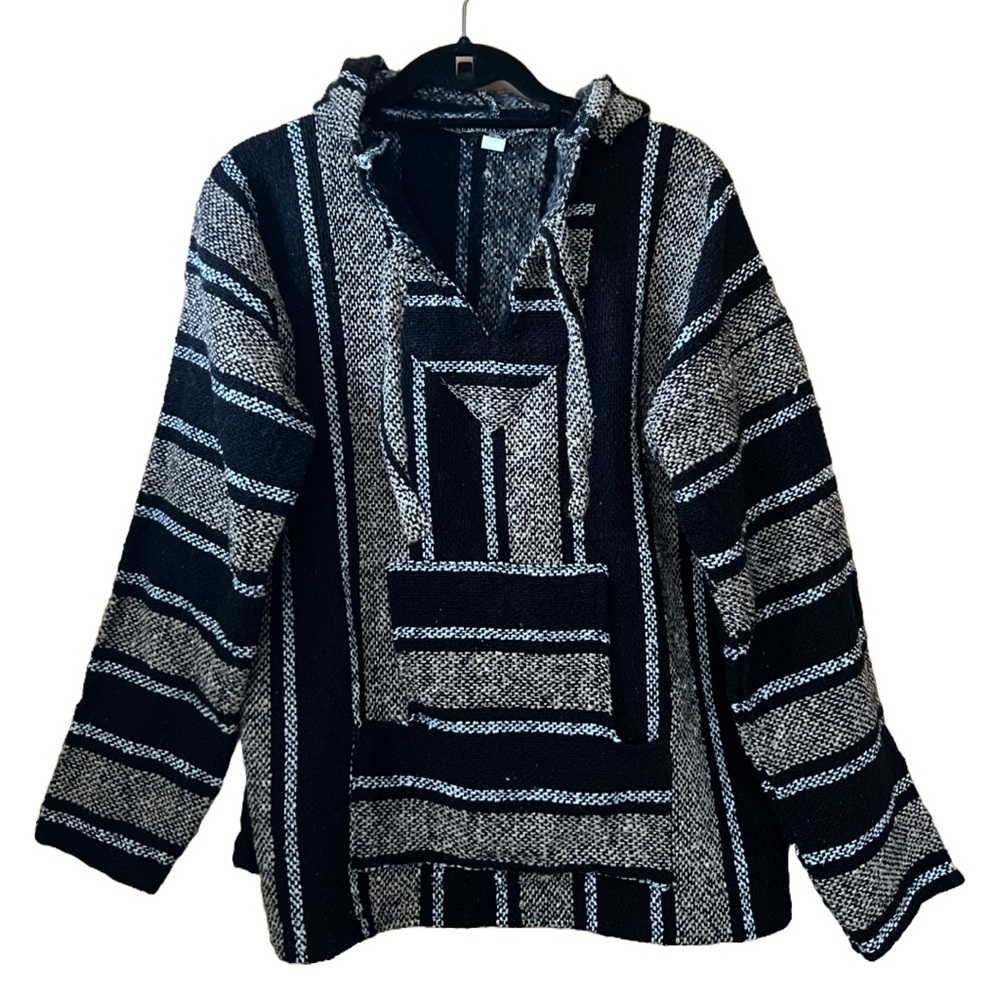 Made in Mexico Baja Hoodie Black Tan Striped Unisex Size L